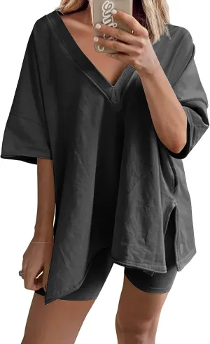 Ailoqing 2 Piece Outfits for Women Summer Oversized V Neck T Shirt Biker Short Sets Hot Shot Reversible Set
