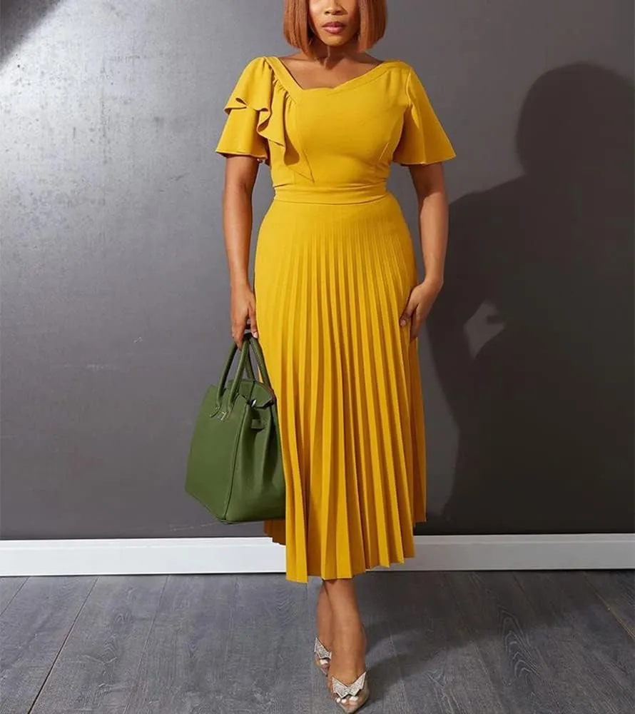 AOMEI Women's Short Sleeve Asymmetrical Ruffles High Waist Pleated Hem Midi Spring Dress