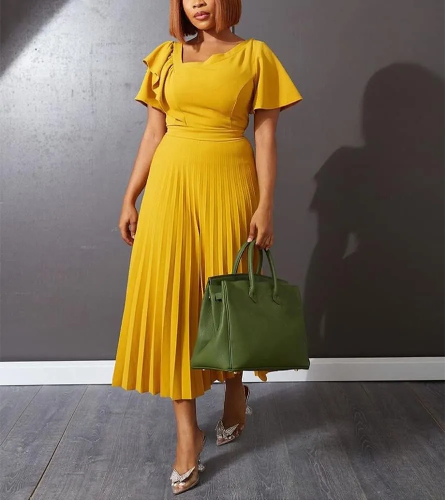 AOMEI Women's Short Sleeve Asymmetrical Ruffles High Waist Pleated Hem Midi Spring Dress