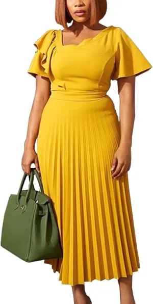 AOMEI Women's Short Sleeve Asymmetrical Ruffles High Waist Pleated Hem Midi Spring Dress