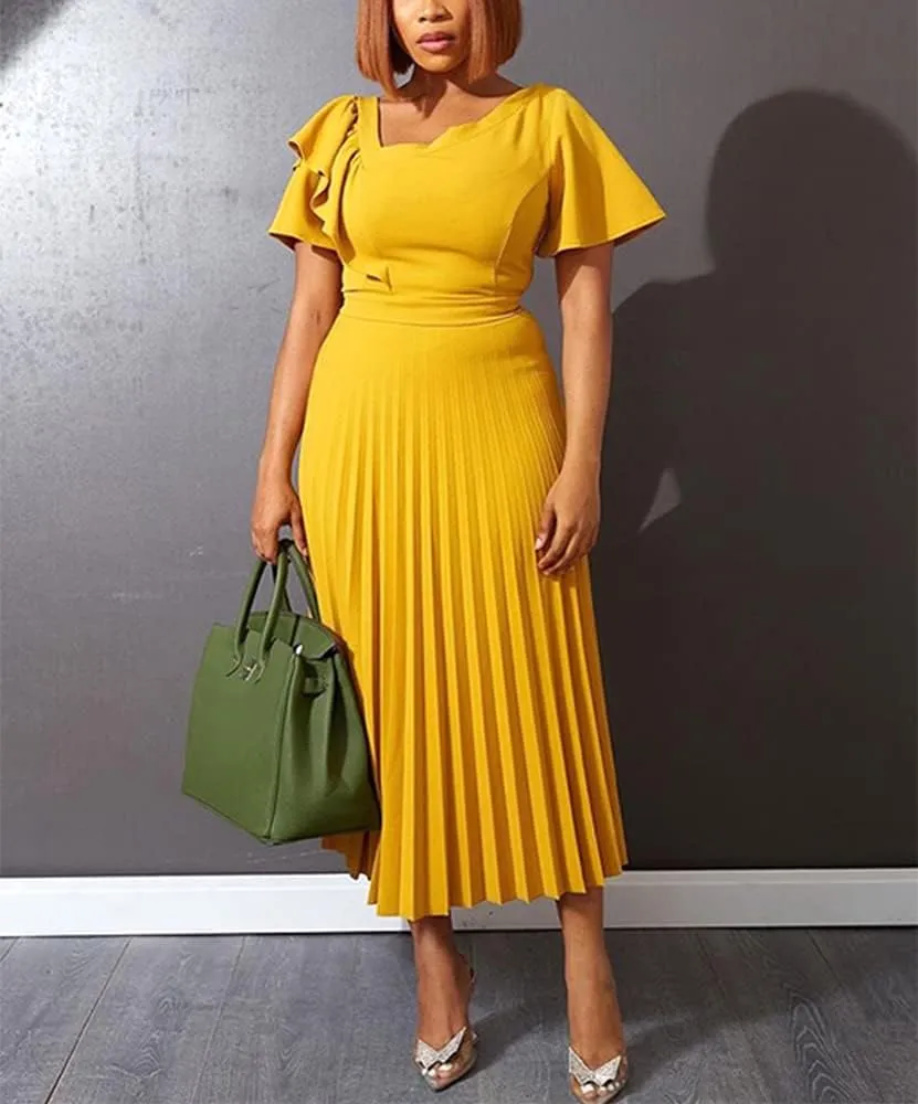 AOMEI Women's Short Sleeve Asymmetrical Ruffles High Waist Pleated Hem Midi Spring Dress