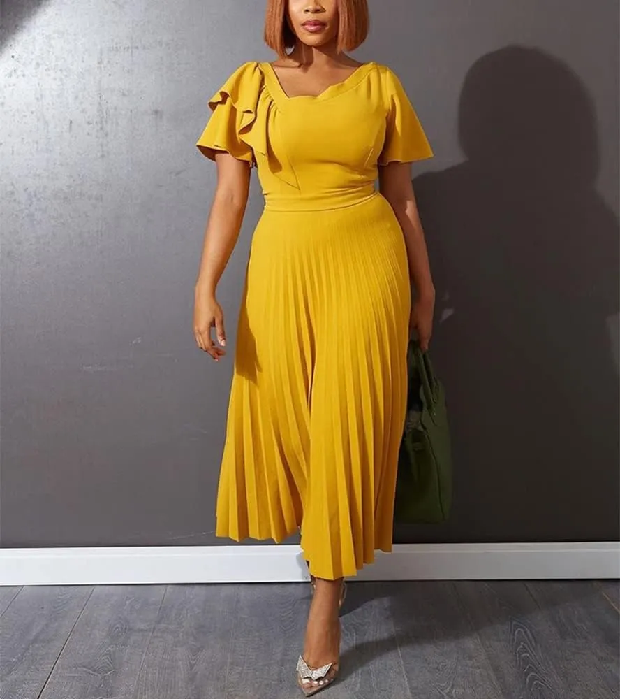 AOMEI Women's Short Sleeve Asymmetrical Ruffles High Waist Pleated Hem Midi Spring Dress