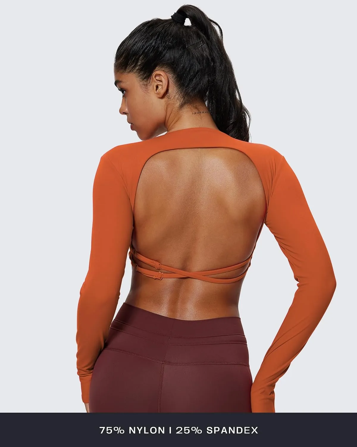 Aoxjox Long Sleeve Deep V Crop Tops for Women Sienna Open Back Thumb Hole Workout Cropped T Shirt Top