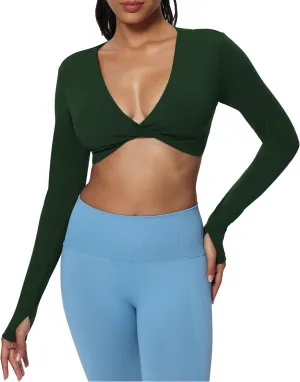 Aoxjox Long Sleeve Deep V Crop Tops for Women Sienna Open Back Thumb Hole Workout Cropped T Shirt Top