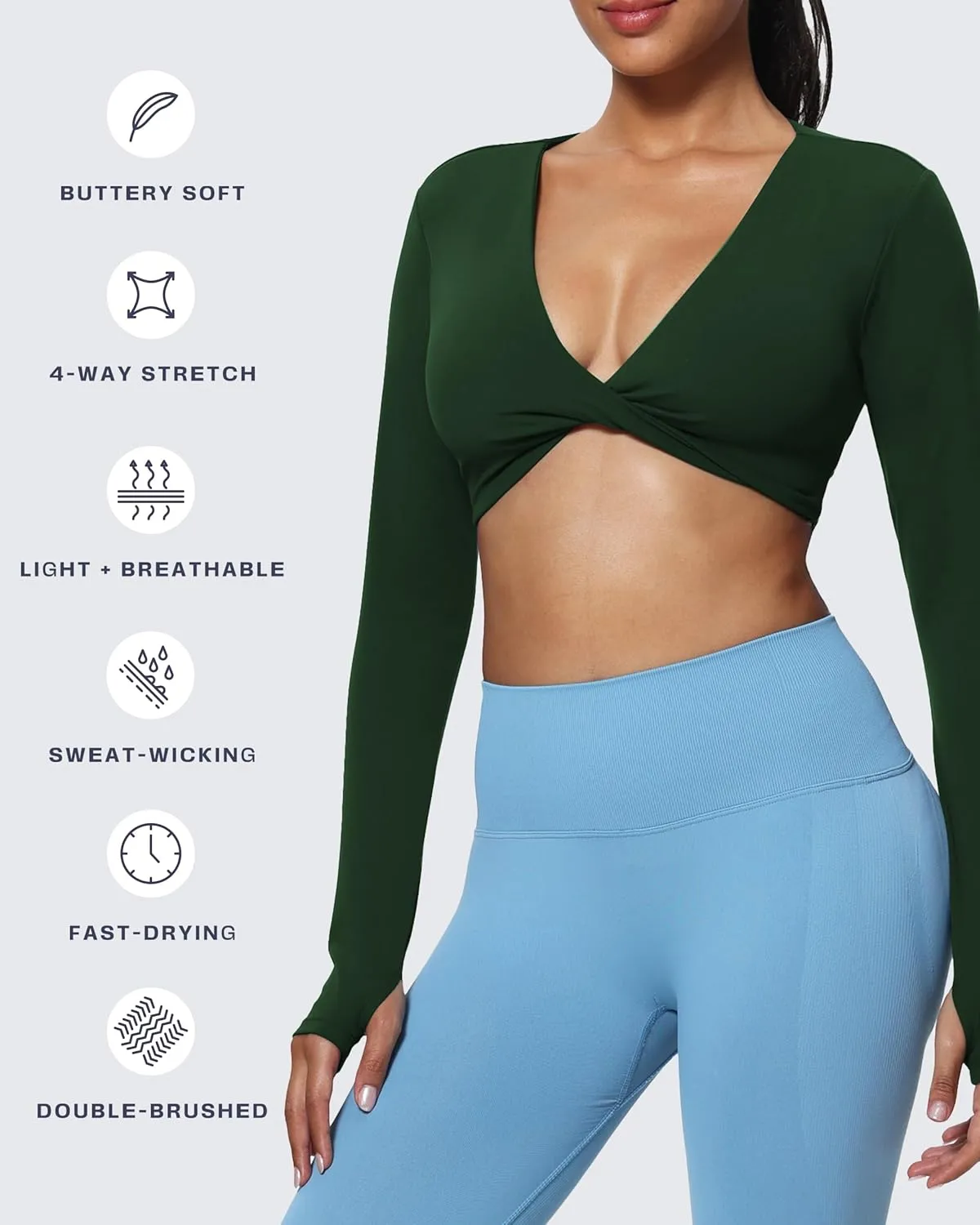 Aoxjox Long Sleeve Deep V Crop Tops for Women Sienna Open Back Thumb Hole Workout Cropped T Shirt Top