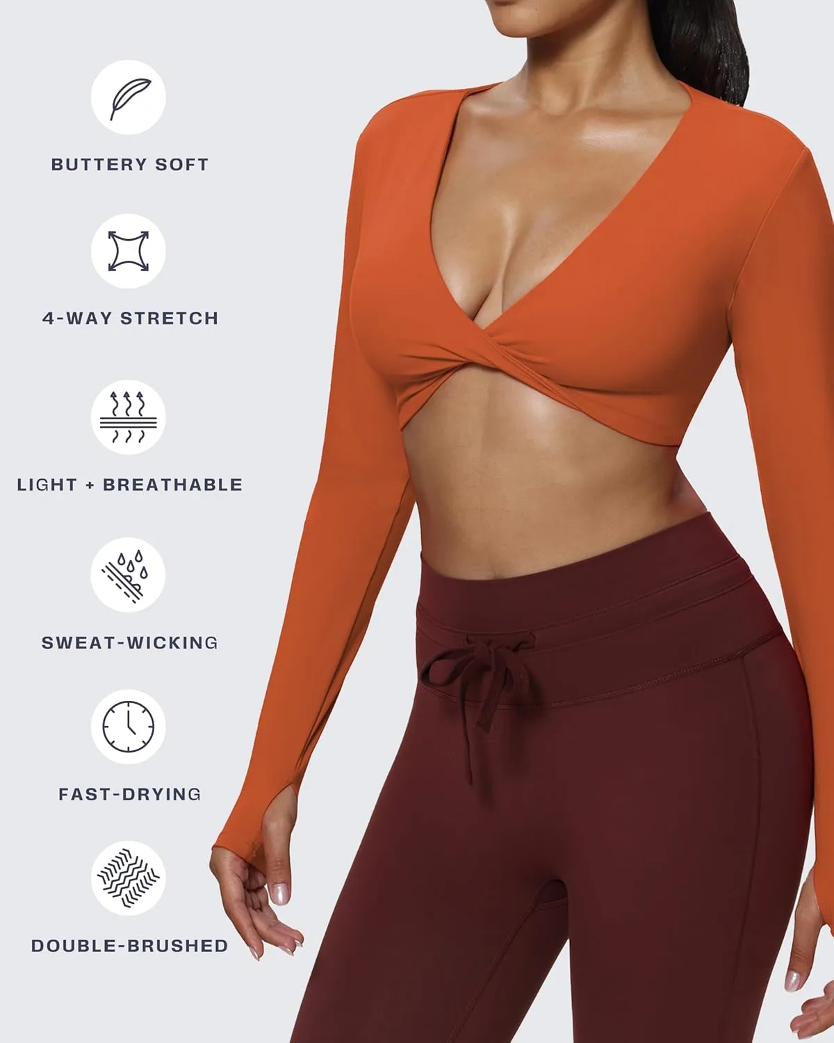 Aoxjox Long Sleeve Deep V Crop Tops for Women Sienna Open Back Thumb Hole Workout Cropped T Shirt Top