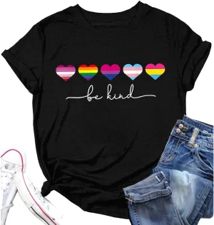 Be Kind T Shirts Women Rainbow Heart Graphic Tees Gay Pride LGBT Equality Casual Saying Positive Short Sleeve Tops Holiday