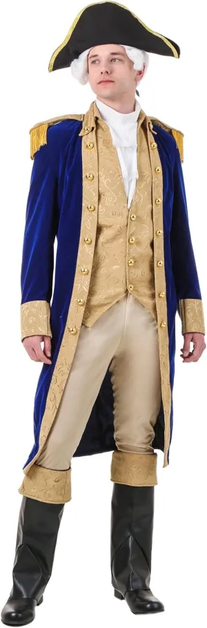 George Washington Colonial Costume for Men - Blue Velvet Jacket, Vest, Pants, Hat, Ascot, Boot Tops Medium Bundle