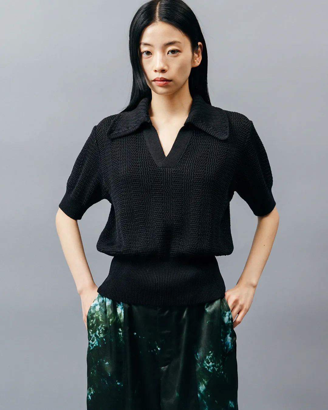 HALF SLEEVE KNIT POLO SHIRT .09【BLACK】