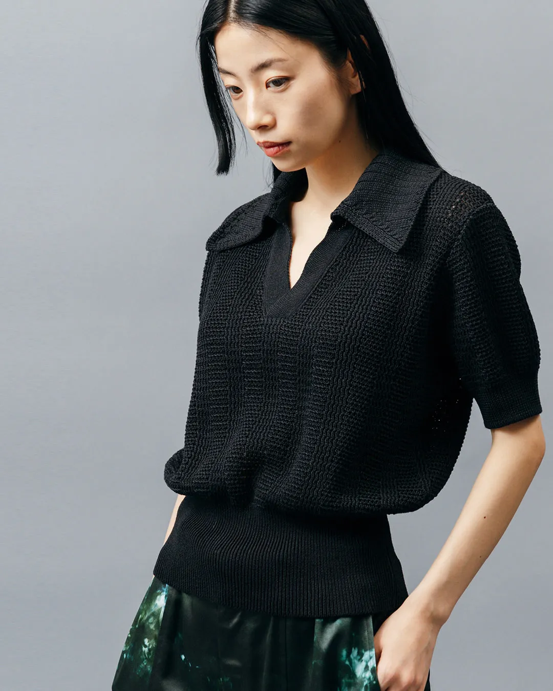 HALF SLEEVE KNIT POLO SHIRT .09【BLACK】