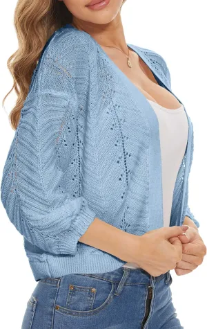 Jumppmile Womens 3/4 Sleeve Soft Crochet Cardigan Batwing Open Front Shrugs Cropped Sweater