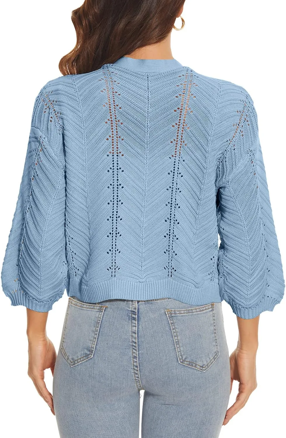 Jumppmile Womens 3/4 Sleeve Soft Crochet Cardigan Batwing Open Front Shrugs Cropped Sweater