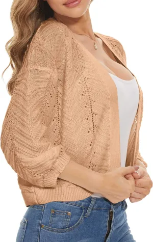Jumppmile Womens 3/4 Sleeve Soft Crochet Cardigan Batwing Open Front Shrugs Cropped Sweater