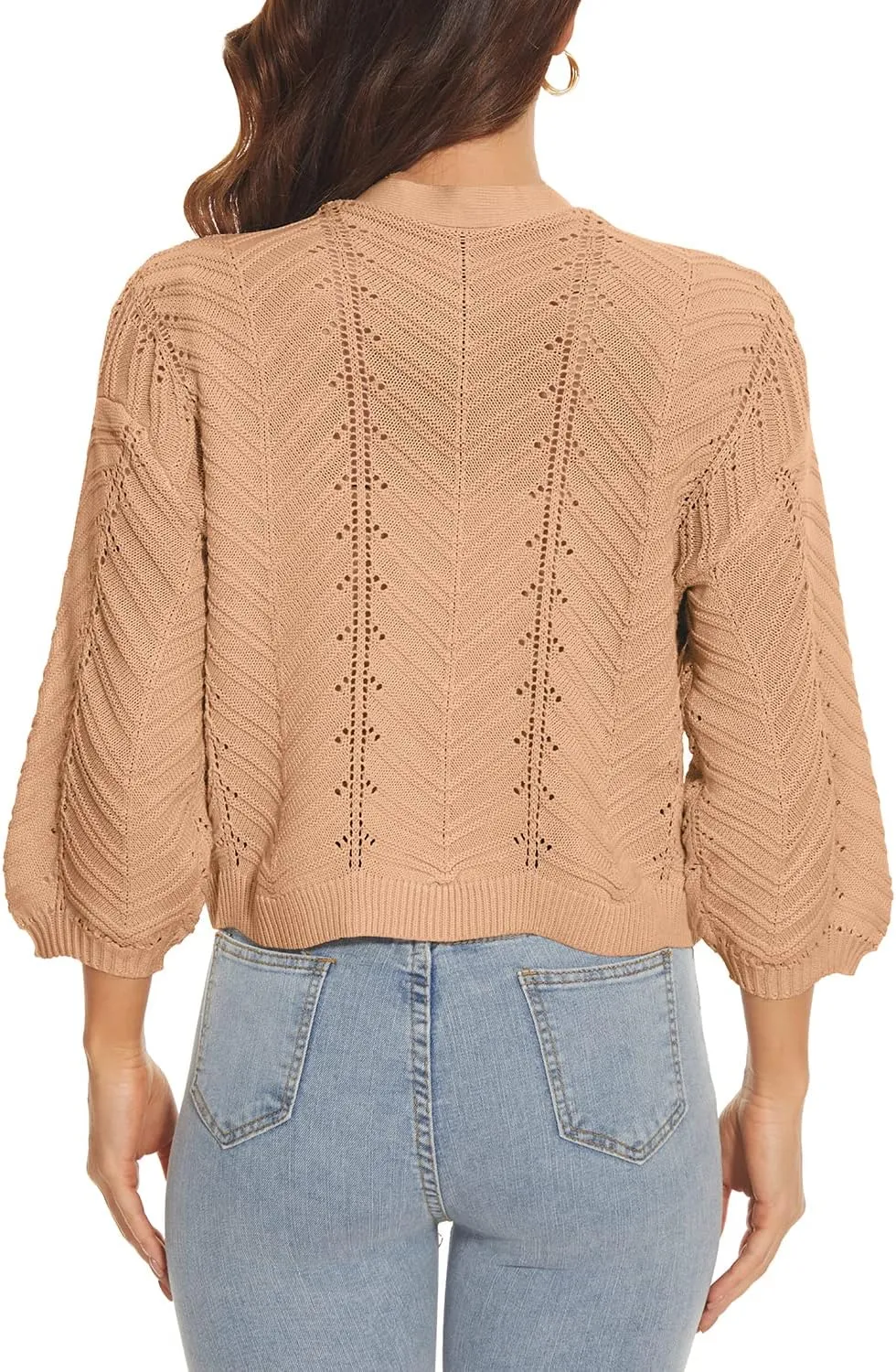 Jumppmile Womens 3/4 Sleeve Soft Crochet Cardigan Batwing Open Front Shrugs Cropped Sweater