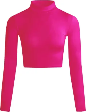 LONGBIDA Women's Long Sleeve Mock Neck Pure Soft Thin Sexy Stretch Crop TOP T Shirt