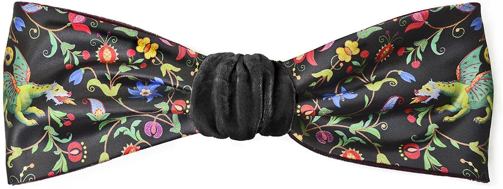Mythical Dragons. Printed satin & silk-velvet headband - BLACK version