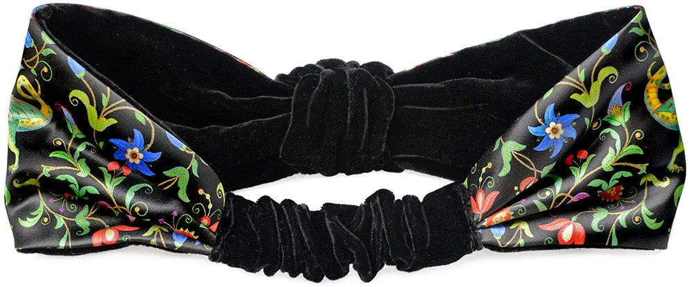 Mythical Dragons. Printed satin & silk-velvet headband - BLACK version