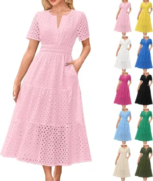 Summer Dresses for Women 2025,Short Sleeve Eyelet Dress Boho Dressy Casual Long Maxi Dresses with Pockets