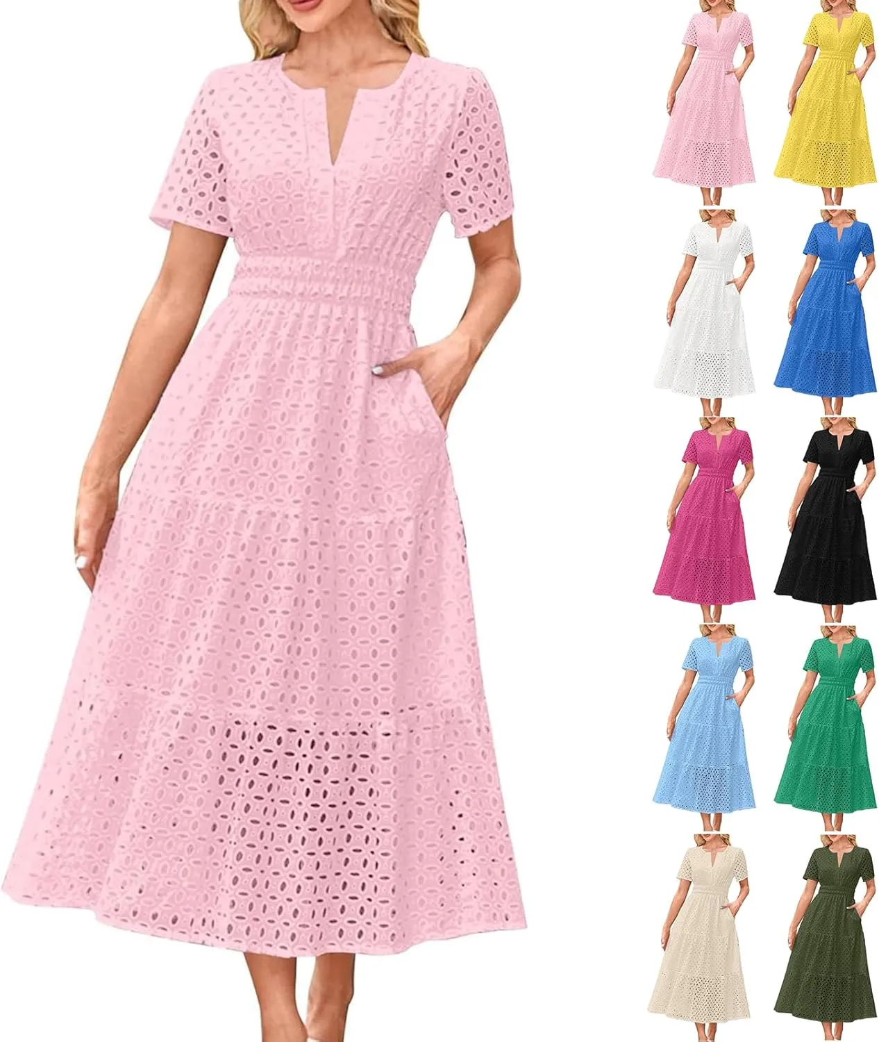 Summer Dresses for Women 2025,Short Sleeve Eyelet Dress Boho Dressy Casual Long Maxi Dresses with Pockets