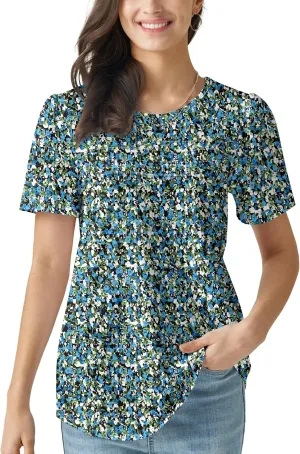 Summer Tops for Women 2025 Dressy Casual Short Puff Sleeve T Shirts Trendy Pleated Front Crew Neck
