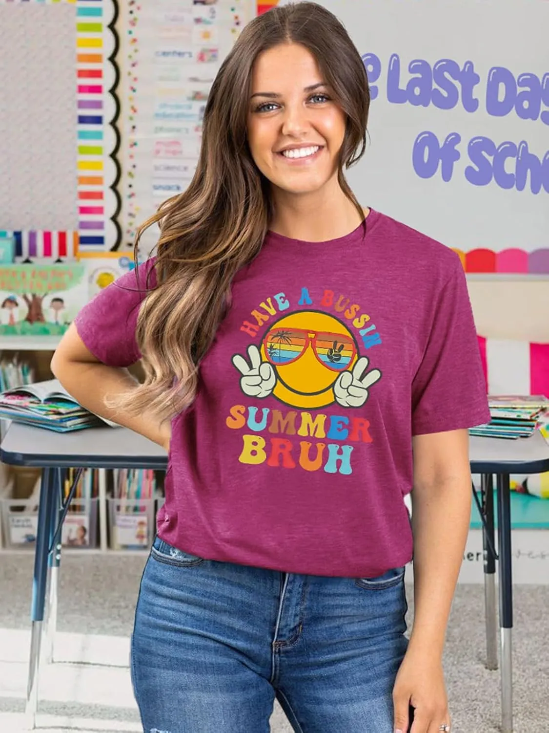 Womens Last Day of School Teacher Shirt School Day Gifts Funny Teacher Summer Break Graphic T-Shirts
