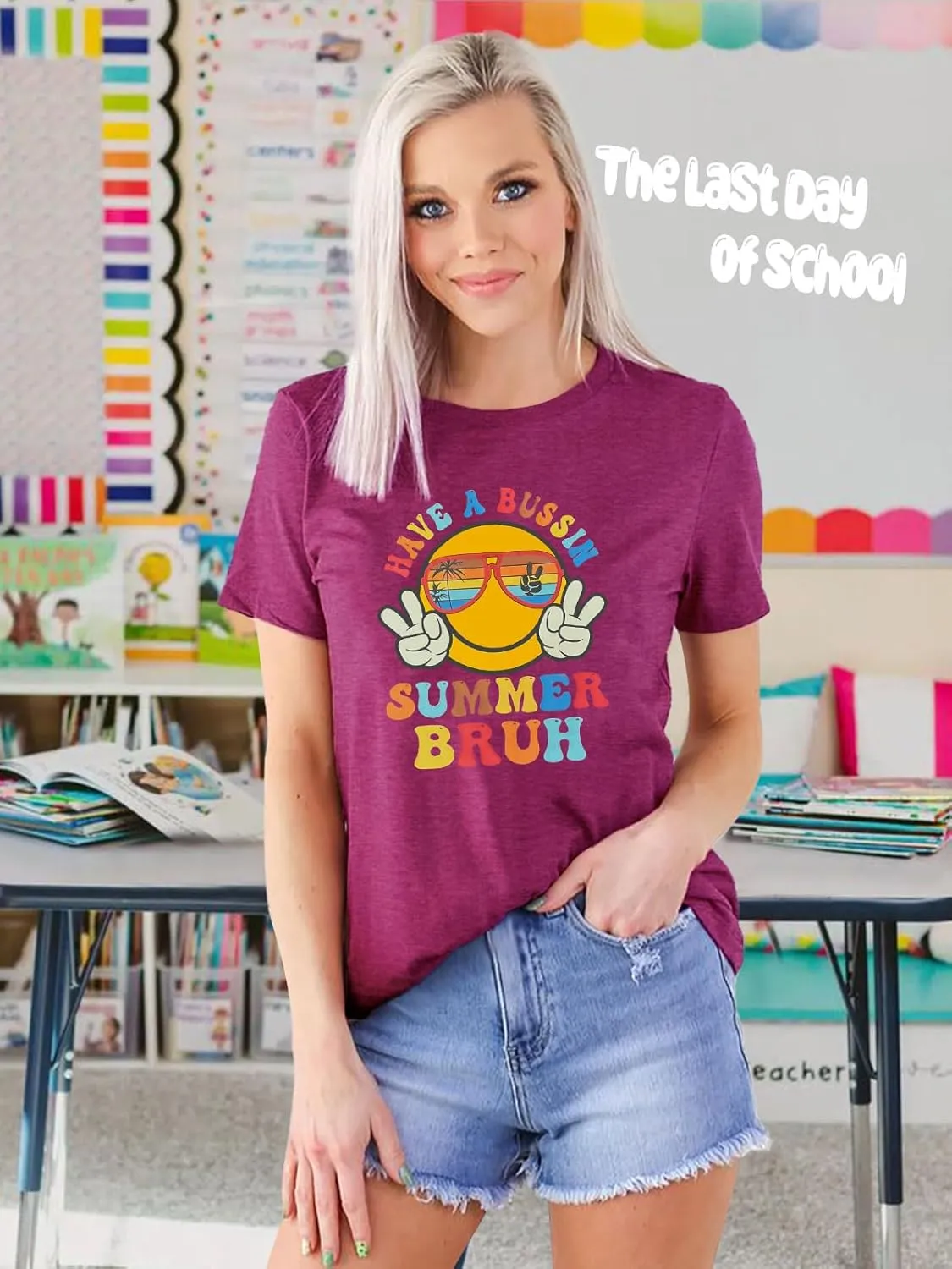 Womens Last Day of School Teacher Shirt School Day Gifts Funny Teacher Summer Break Graphic T-Shirts
