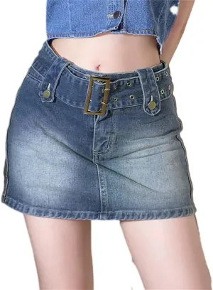 Women's Summer Jeans Skirt Belt Mini Denim Skirt Hot Girl Sexy High Waist Straight Short Skirt