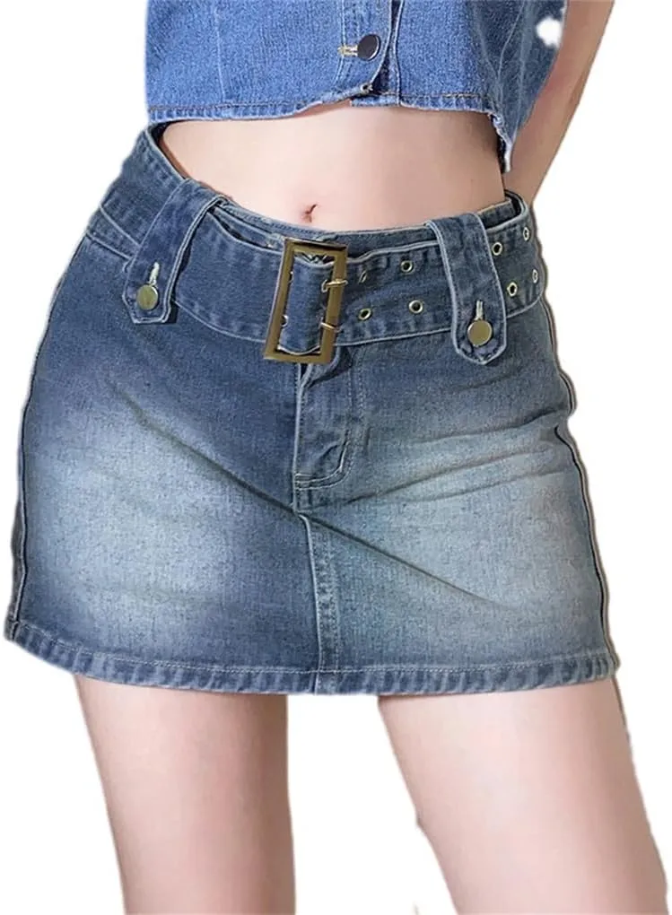 Women's Summer Jeans Skirt Belt Mini Denim Skirt Hot Girl Sexy High Waist Straight Short Skirt