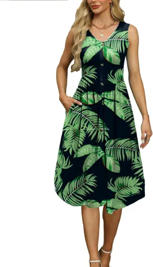 Women's Summer Sleeveless Dress Button Down Empire Waist Casual Midi Sundress with Pockets